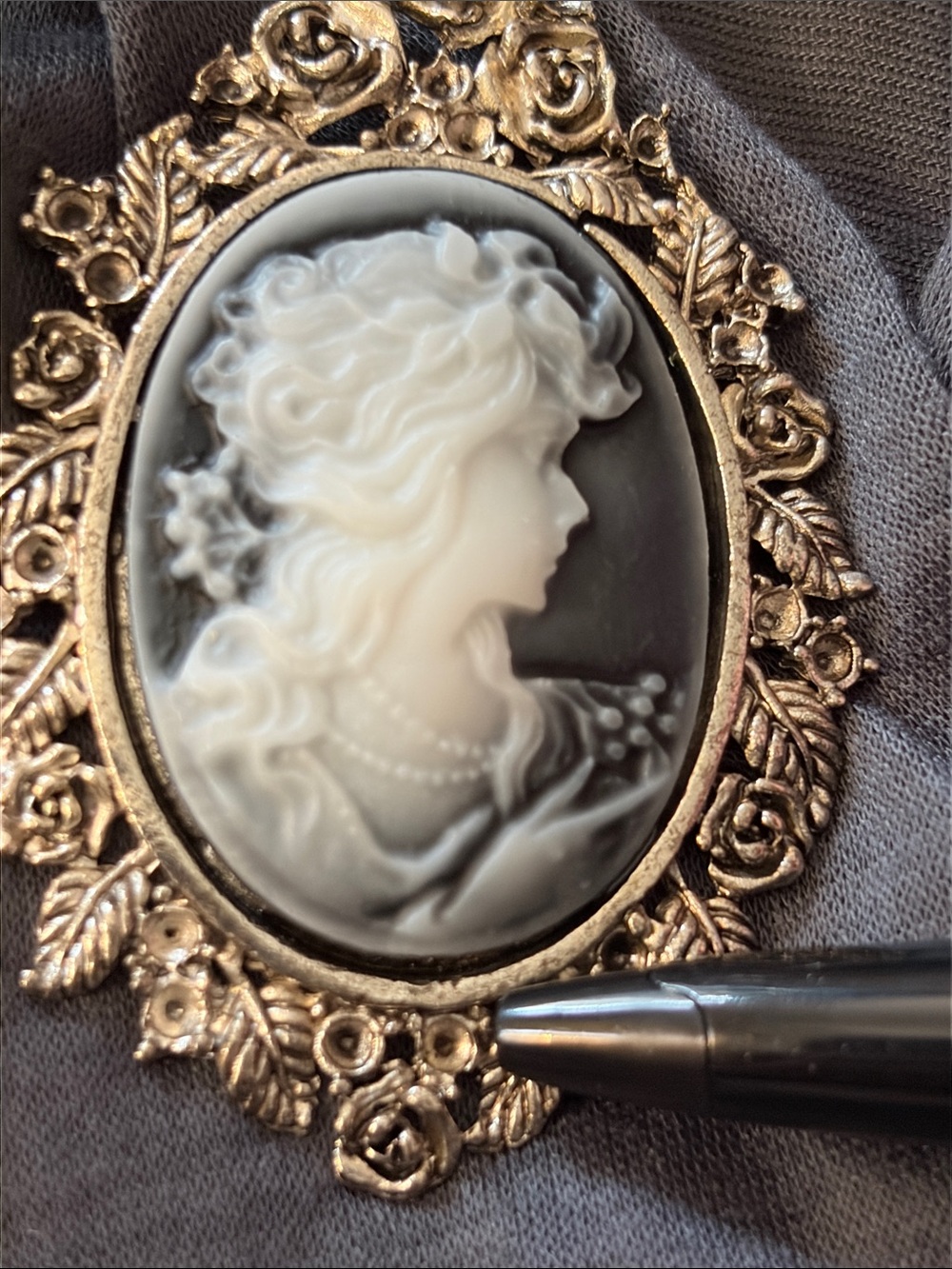 Gray Cameo Pendant Scarf Necklace - Women's Fashion Jewelry - Picture 11 of 14